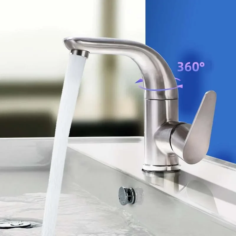 

Bathroom Basin Faucet Stainless Steel Lead-Free Brushed Tall Vessel Sink Tap Single Handle Hot Cold Water Mixer Tap 360° Swivel