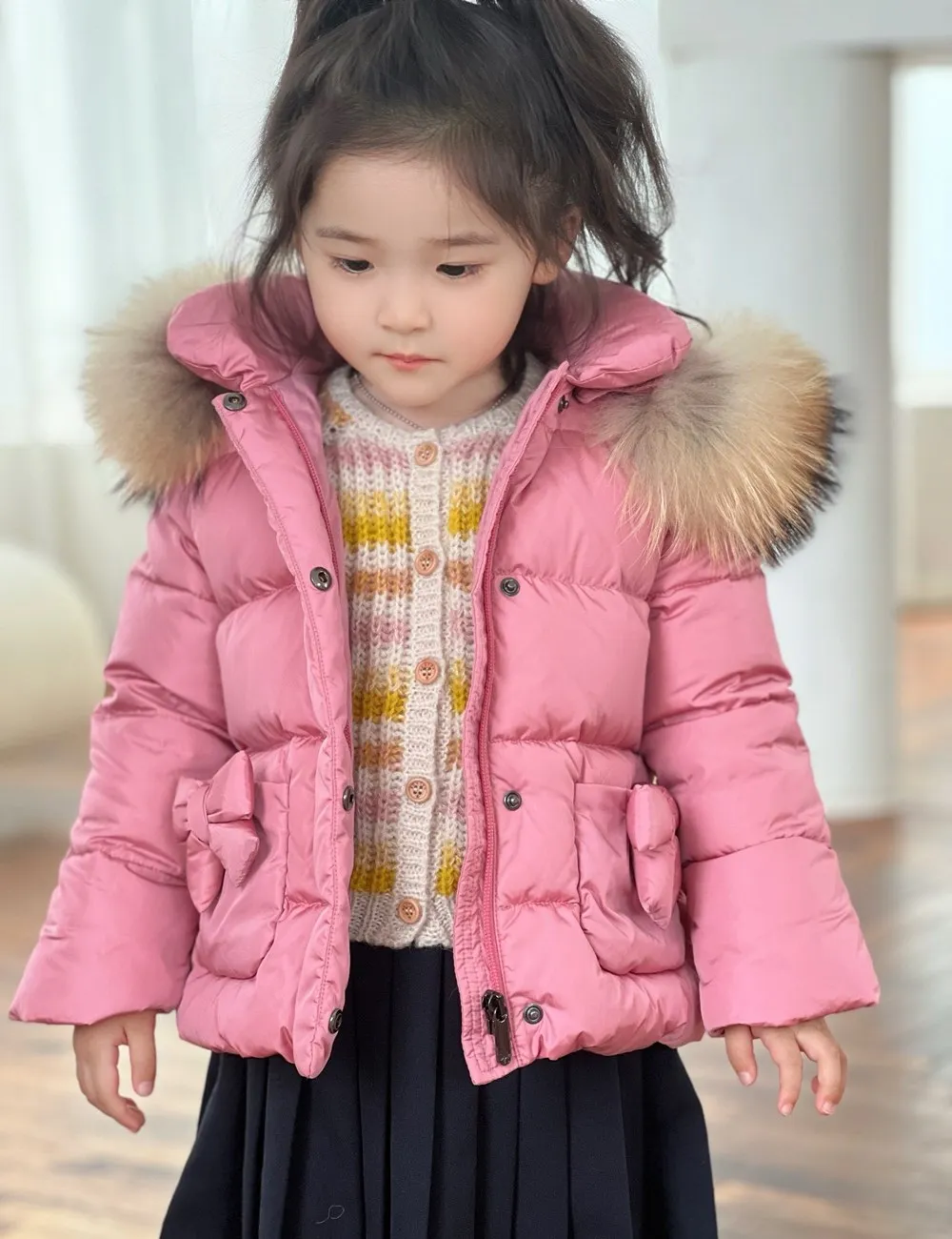 winter clothes kids coat Big fur collar girl's pink sweet down jacket Bow pocket warm down jacket