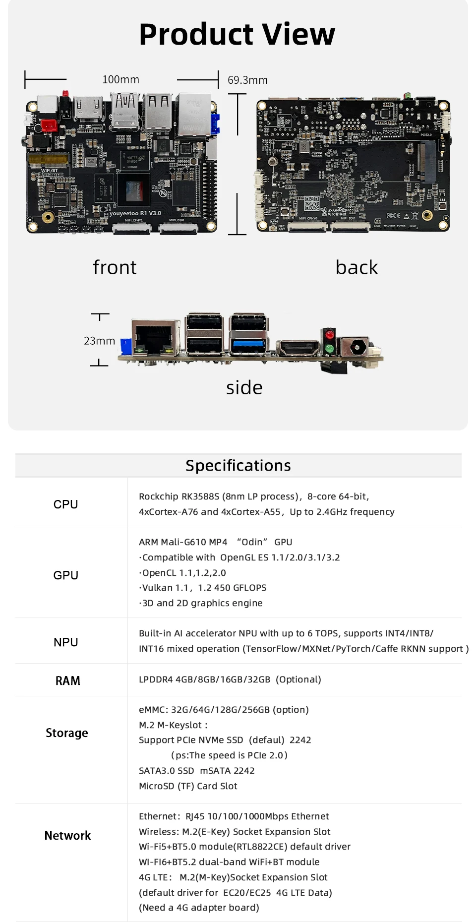 R1 Single Board Computer Rockchip RK3588S Development Board 8K Display Onboard N