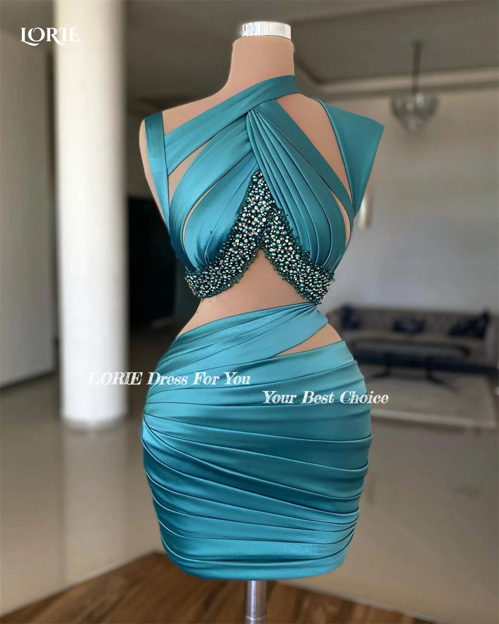 LORIE Tiered Pleats Cocktail Party Gowns Halter Pearls Mini Shiny Satin Dubai Evening Dresses Saudi Arabia Ruched Clubbing Dress