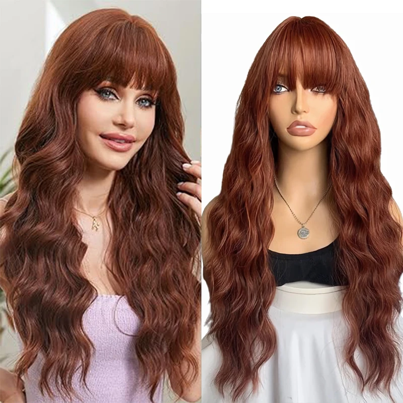 

Long Red Brown Synthetic Wig With Bangs For Women Auburn Wave Curly Hair High Temperature Fiber Natural Looking Daily Party Wigs