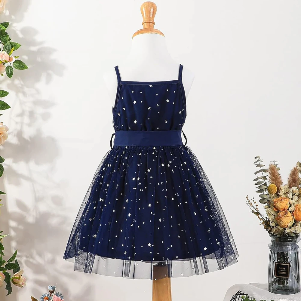 

Летнее Сетчатое платье в Звездном стиле для девочек, милое платье принцессы без рукавов на тонких бретельках с бантом, подарки для девочек