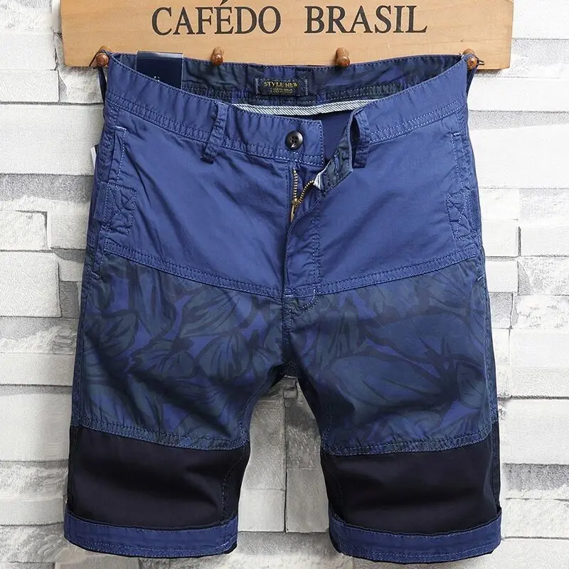 Printing Chaopai Workwear Shorts Men Summer Splicing Contrasting Colors Design Sense Straight Cylinder Loose Casual Pants
