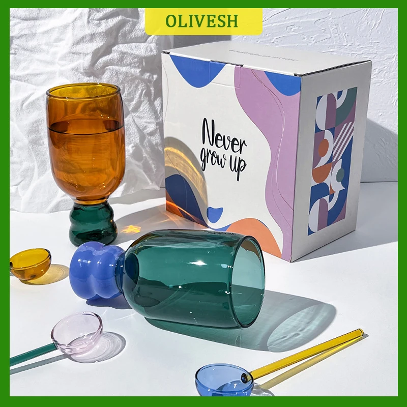

New Fashion High-value INS Wind Contrast Color Cup Office Home Art Glass Water Cup Color Spoon Set Home Decoration Accessories