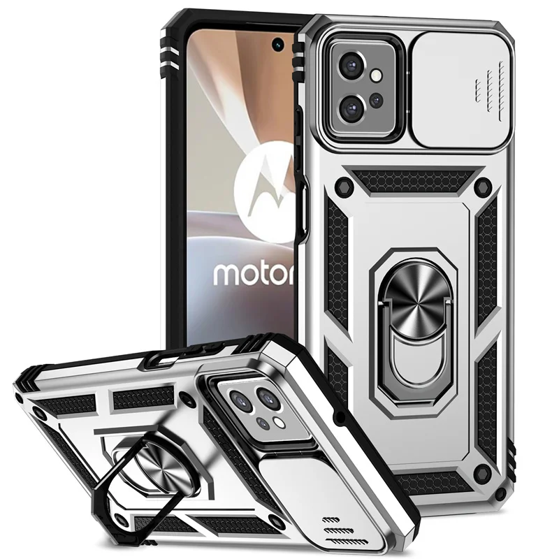Durable Shockproof Case with Slide Lens Protector and Ring Stand Holder