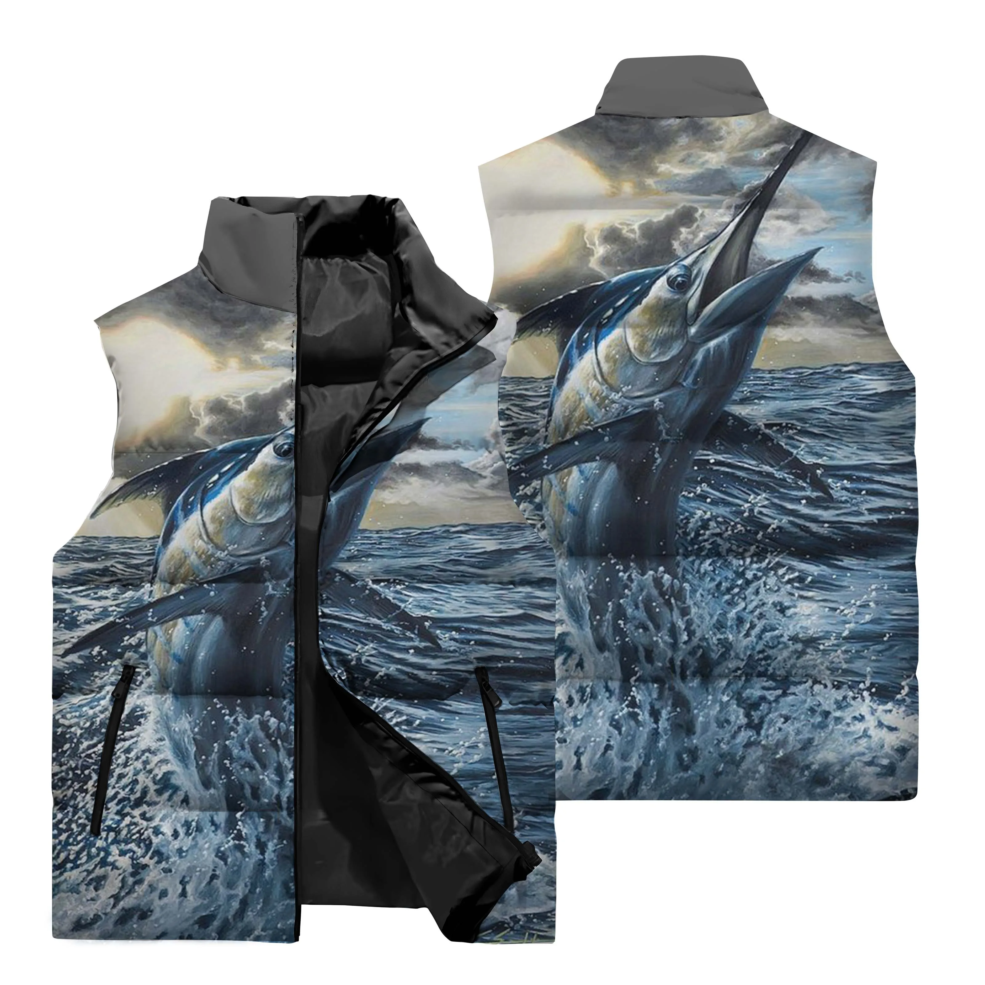 thumbnail image 1 of Chaleco sin mangas con estampado de pesca en 3D para deportes al aire libre, pesca salvaje, resistente al viento, cálido, con cuello alto y cremallera, ropa para hombre, 1 of 5