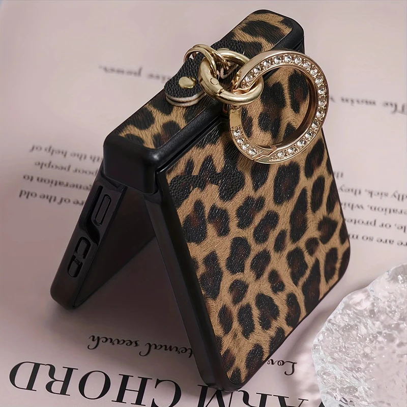 Retro Leopard Print Leather Phone Case with Diamond Plated Finger Ring Buckle