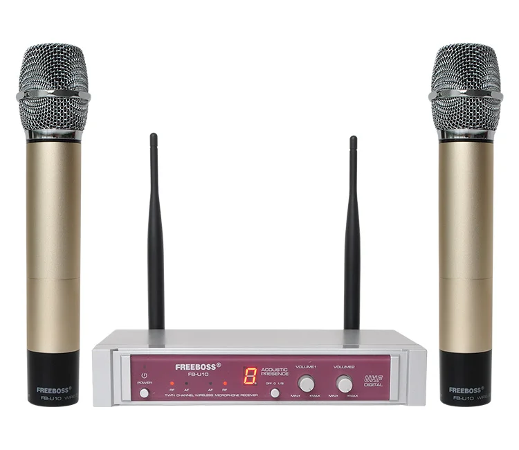 Freeboss FB-U10 Dual Way Karaoke Meeting Church School Sing 2 Metal Handhelds UHF Wireless Microphone