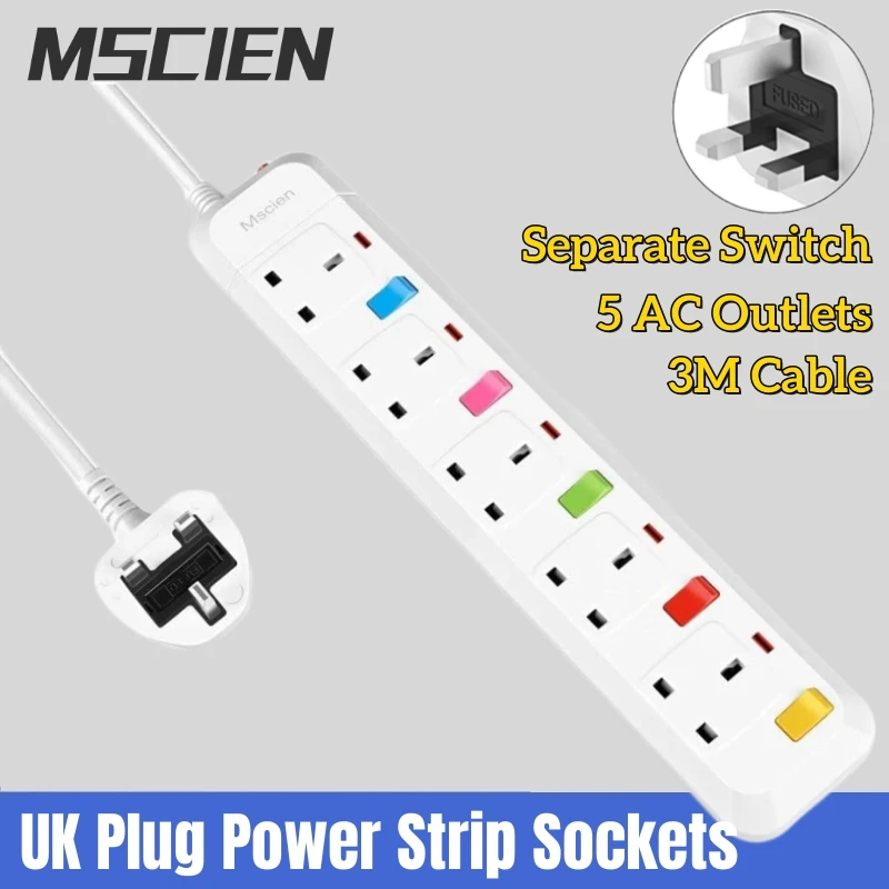 

UK Plug Power Strip with Switches 5 AC Outlets Surge Protected Extension 3M Electric Power Extension Cord Sockets For Home