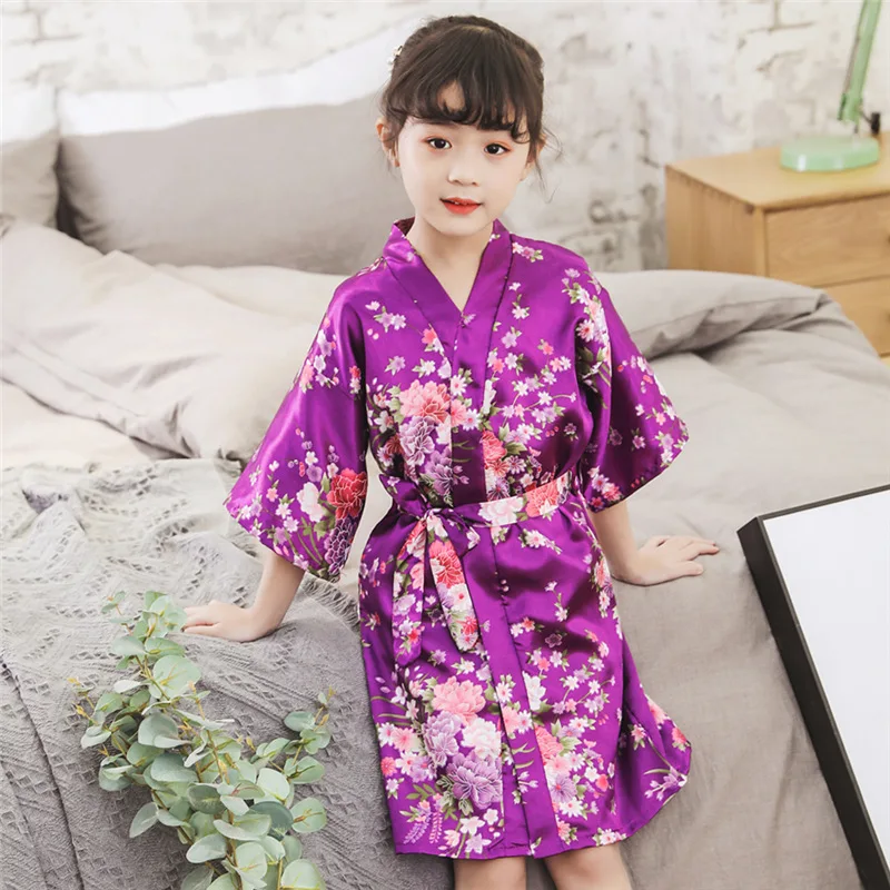 Girls Kimono Yukata Japanese Traditional Style Silk Floral Pajamas Bathrobe Kids Summer Asian Leisure Sleepwear Nightgown