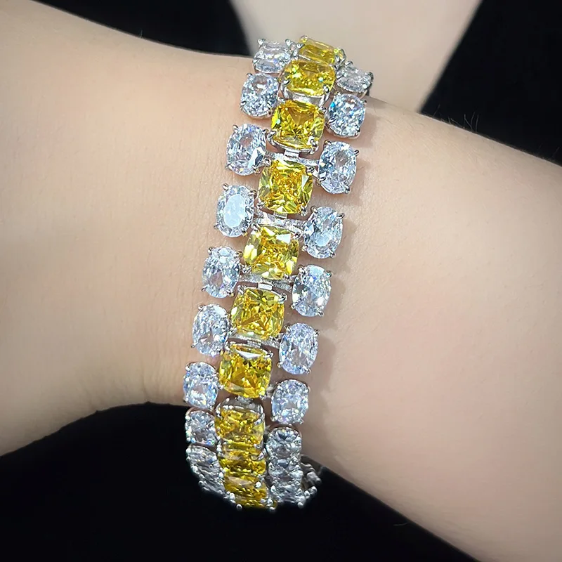 Multi Layer Oval Cushion Cut Yellow Zircon Diamond Long Tennis Chain Bracelet For Bride Real Gold Plated Luxury Designer Jewelry