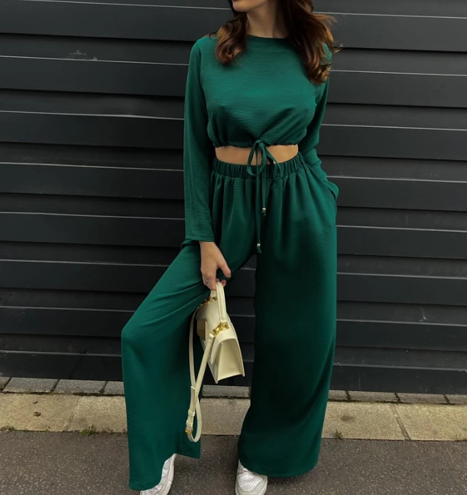 Women's Fashion Solid Lace Up Crop Long Sleeve Top & Wide Leg Pants Set Fresh and Sweet Summer New Casual Women Trousers Outfits