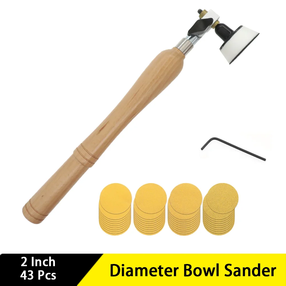 

2 Inch Diameter Bowl Sander with 2 Inch Hook and Loop Sandpaper 1/4 inch Mandrel and 9 inch Long Hardwood Handle