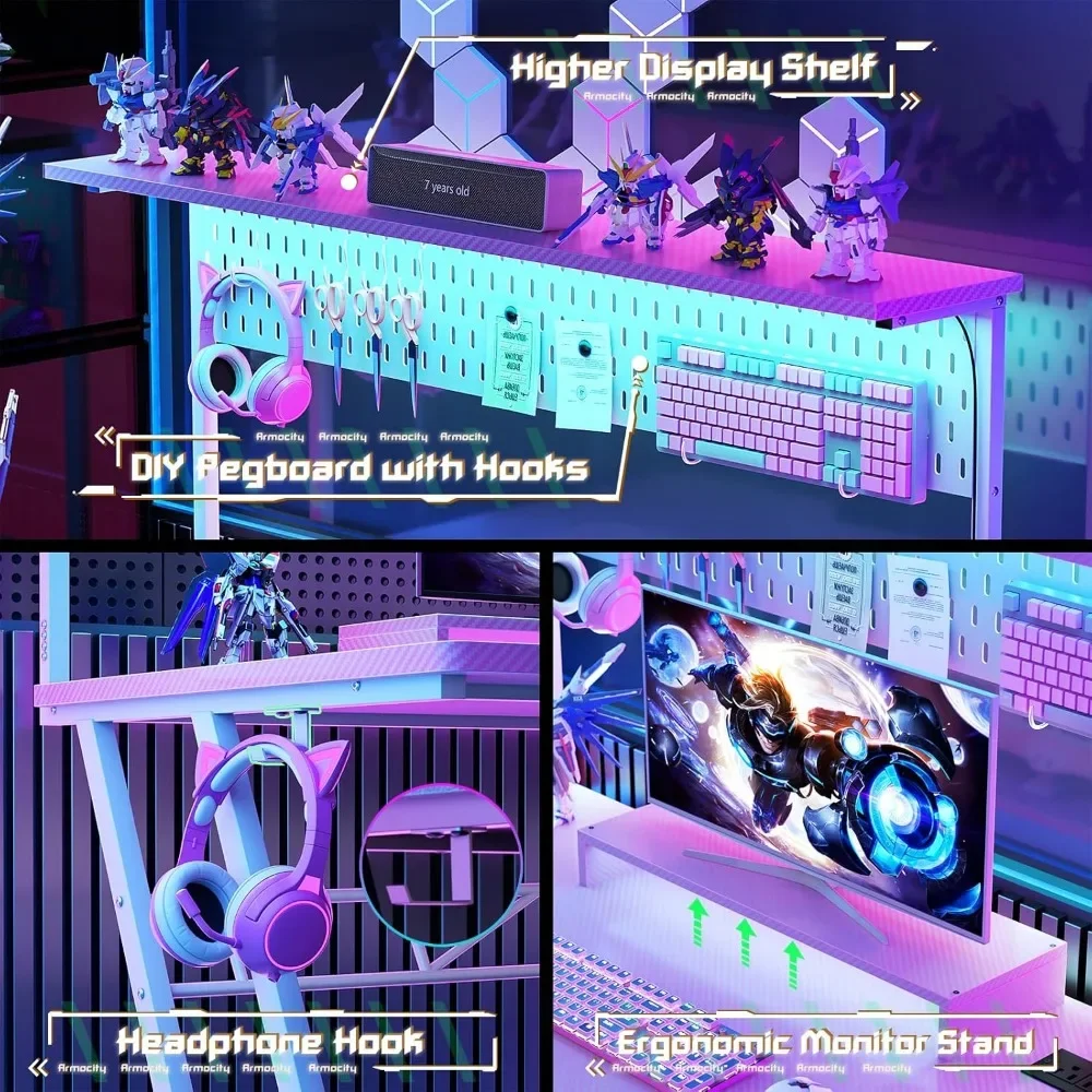 New2025-Gaming Computer Desk with Power Outlets, Gaming Desk with Hutch and LED Lights, Reversible PC Gaming Desk with Pegboard,