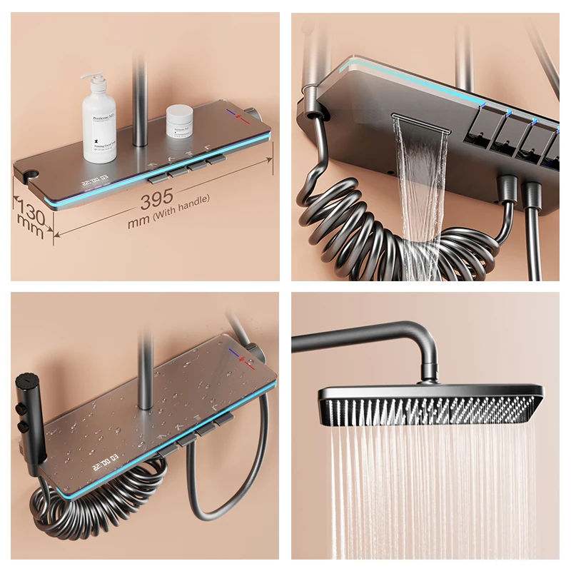 Shower System Thermostat Head Bathroom Set for Digital Display Modern Bath Wall Mount Rainfall