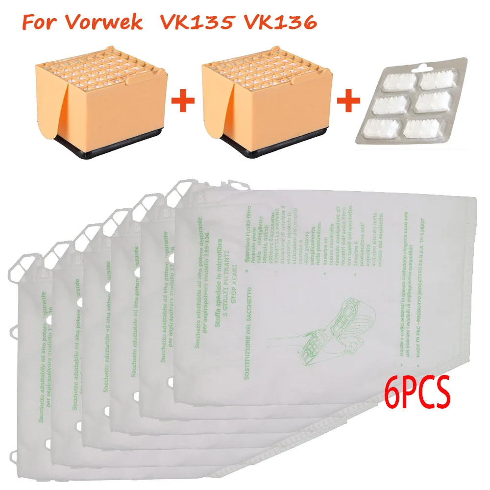 

6 шт. мешков для пылесоса Vorwerk + 2 гигиенических микрофильтра + Profumin, набор аксессуаров для Vorwerk Kobold VK135 VK136