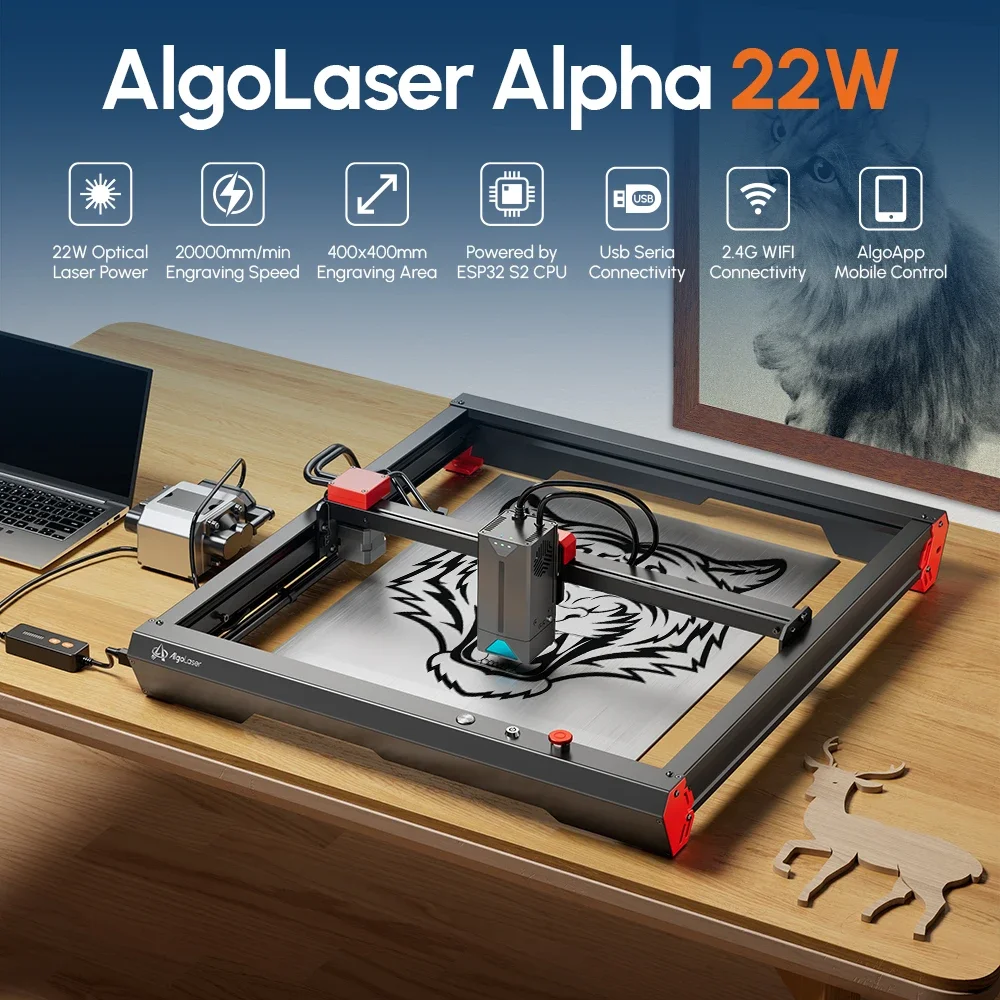 

AlgoLaser Alpha 22W Power Laser Engraver Cutter Smart Air Pump APP Control CNC Dual-core CPU Versatile Innovative Business Tool