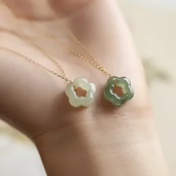 Natural Jade Necklace Hollow Carved Flower Shaped Pendant