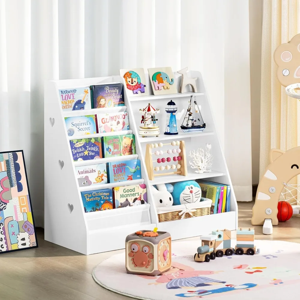 4 Tier Kids Bookshelf and Storage Organizer, Five Layer Sling Children Bookcase, Baby Toddler Wooden Book Shelf