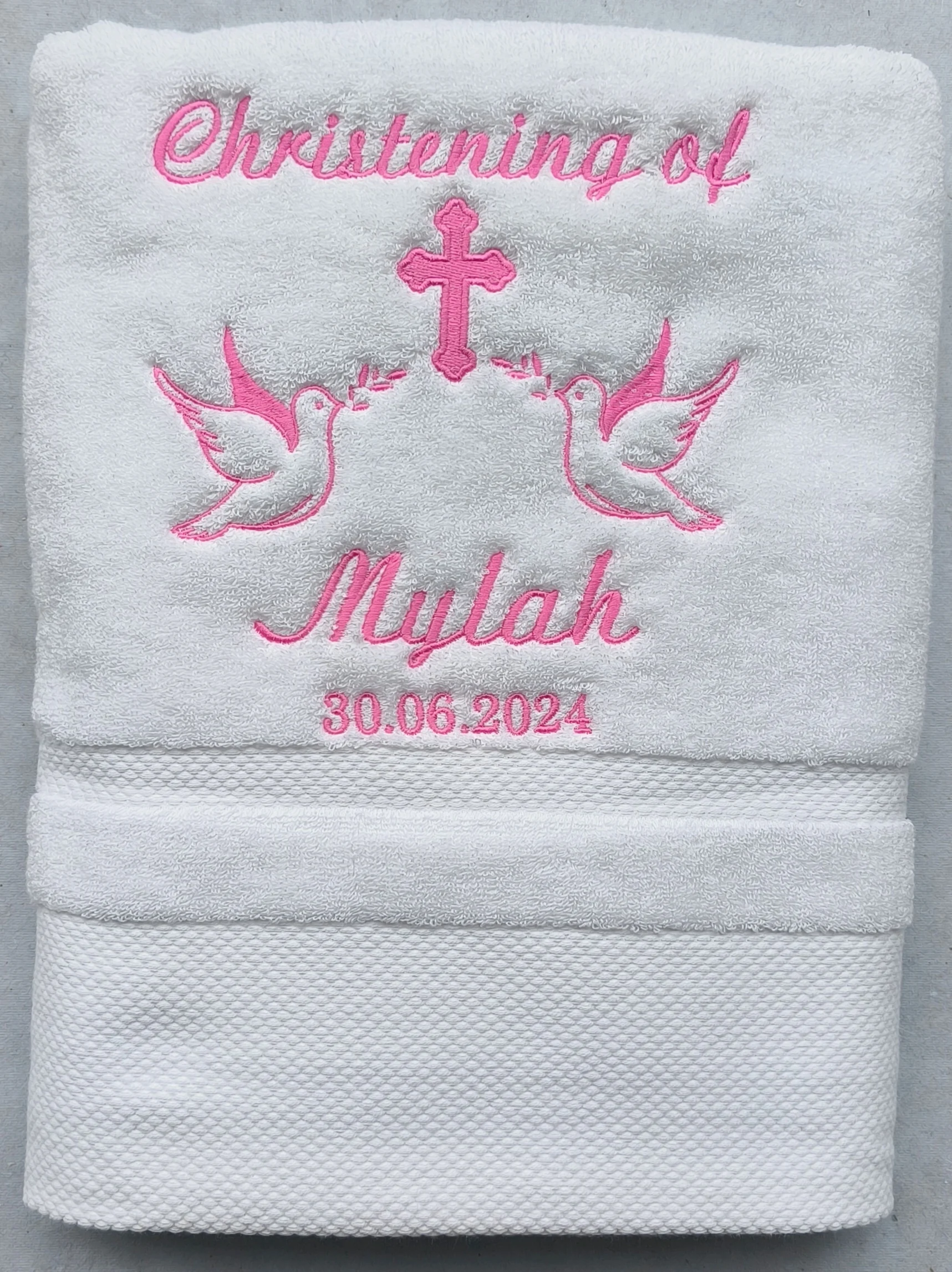 AHSNME Customized Baptism Towel 70x140cm Bath Towels for Baby Christening White Towel with Name and Date 3