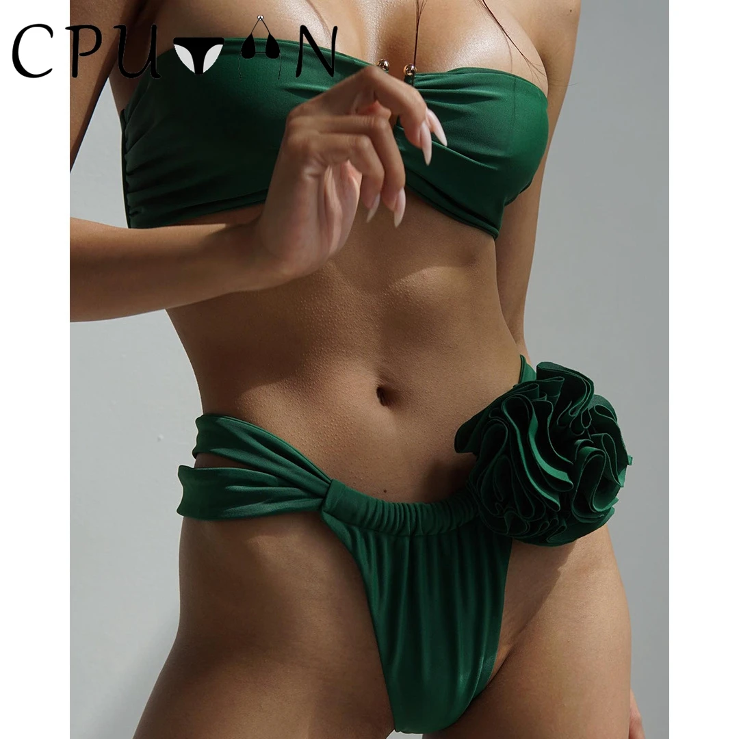 

CPUTAN 2023 Sexy 3D Flower Push Up Bikini Set Swimwear Women Green Two Piece Swimsuit Brazilian Biquini Beachwear Bathing Suit