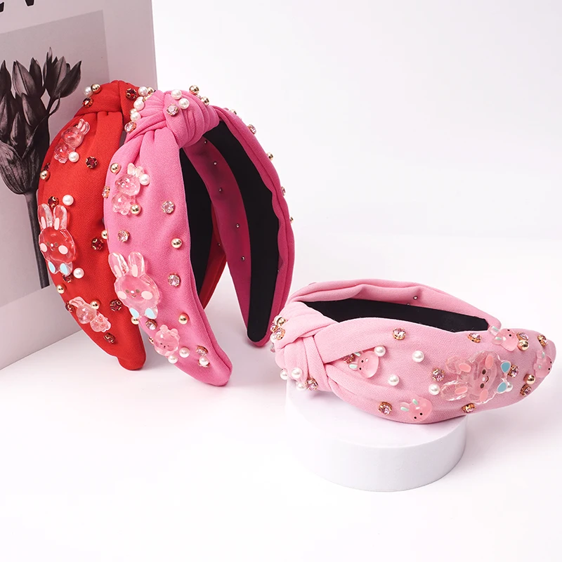 Cross-border new pure handmade rhindiamond-pearl headband cute transparent rabbit cartoon girl selling hair accessories wholesal