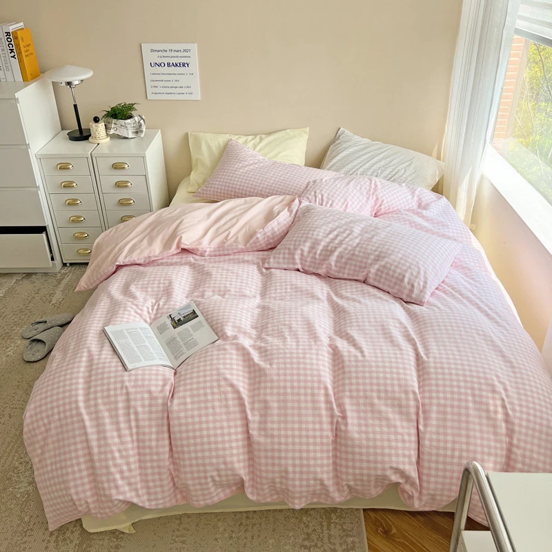 Cute Korean Bedding Set Pink Cotton Queen Twin Full Size Kawaii