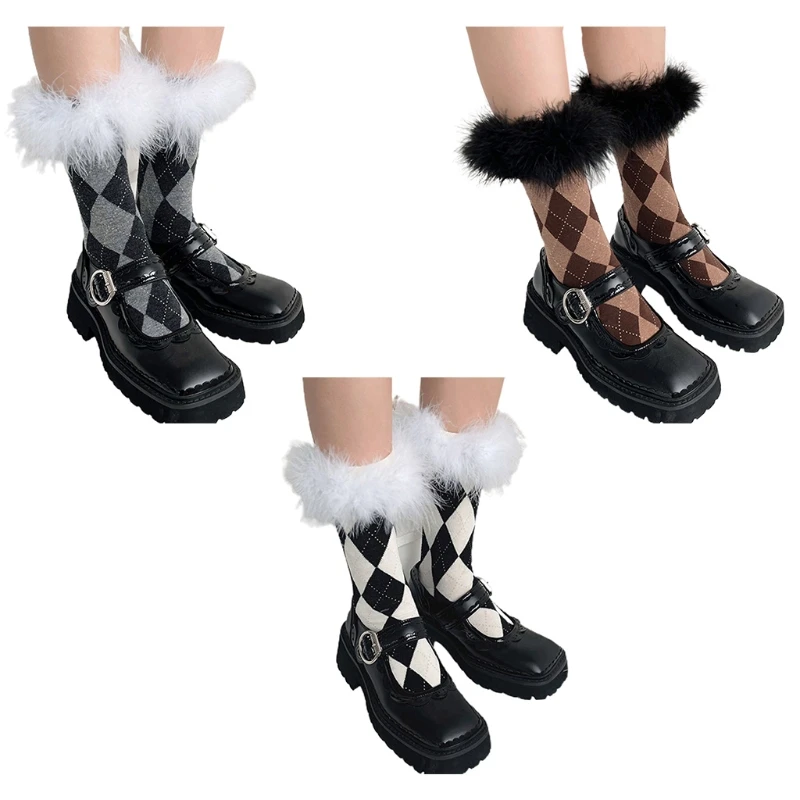 

Women Winter Sweet Furry Feather Trim Calf Socks Harajuku Preppy Argyle Rhombus Diamond Plaid Pattern Stockings