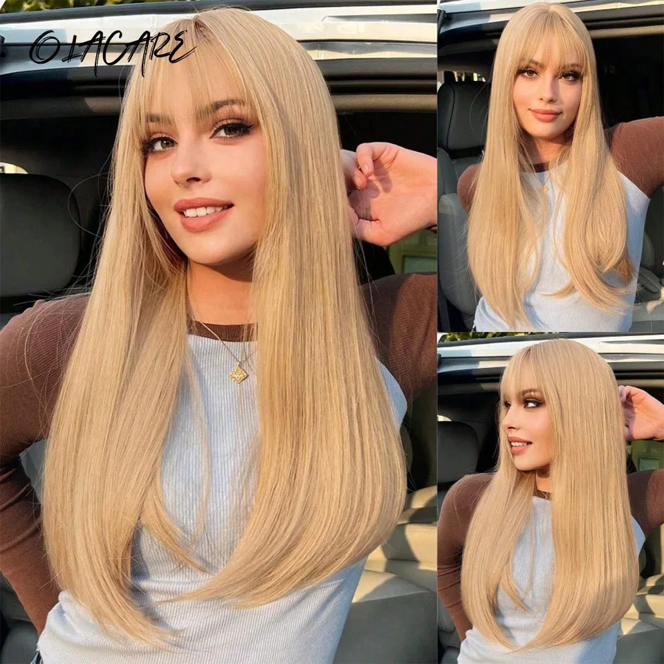 Platinum Blonde Wavy Synthetic Wig for Women with Bangs