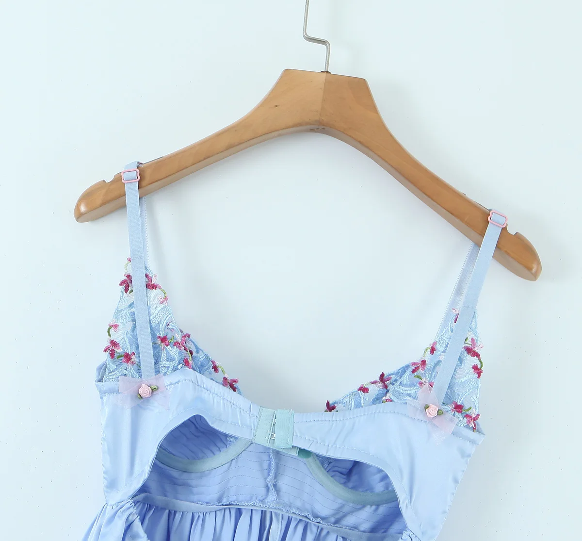 Women Light Blue Satin Bustier Cami Strap A-line Cut Out Backless Mini Dress With Flower Detail