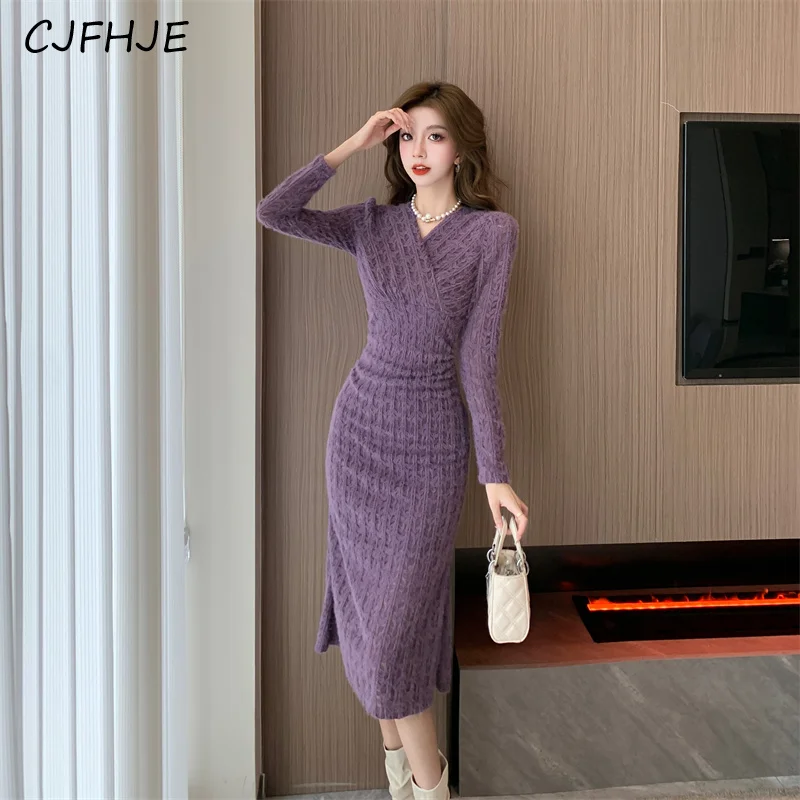 

CJFHJE Spring Women Sexy V-Neck Waist Tie Purple Lace Fishtail Long Bottom Dress Korean Chic Women's Slim Fit Lavender Dresses