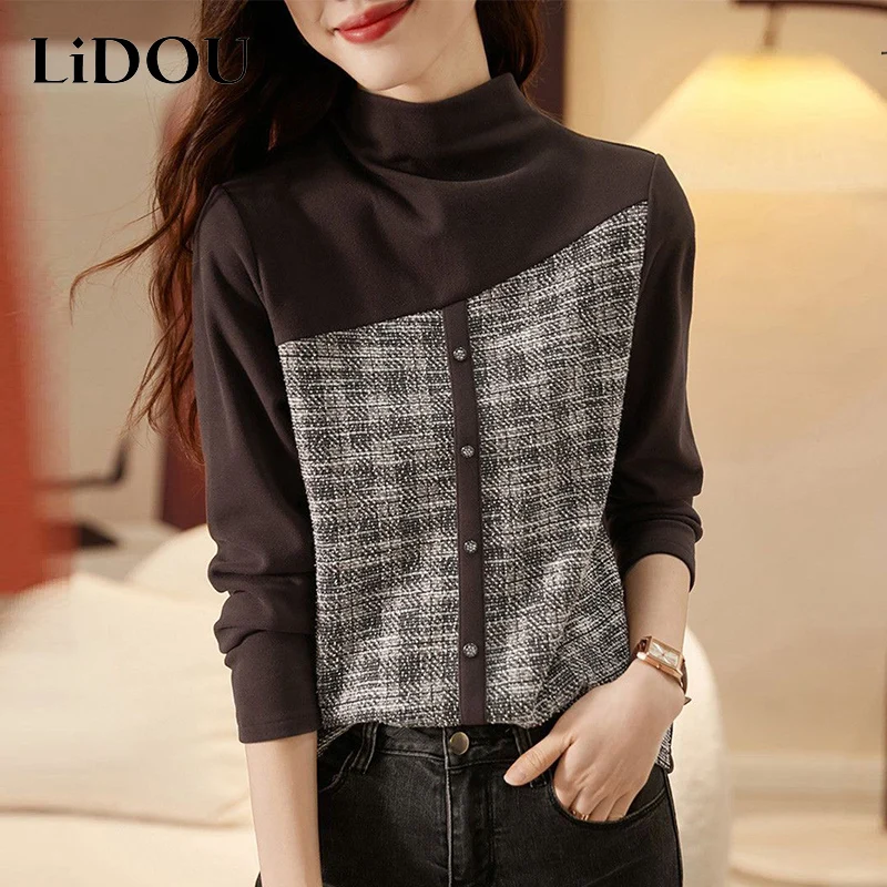 

Autumn Winter Double Side Velvet Stand Collar Vintage Patchwork T-shirt Female Casual Fashion All-match Pullover Top Women Tee