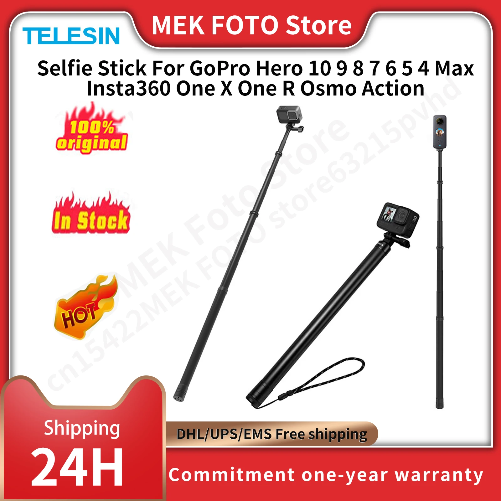TELESIN - Palo selfie ultra largo compatible con GoPro  Hero12/11/10/9/8/Max/7/6/5, Insta 360 One R/Rs X2/X3, Osmo Action, 6  longitudes de fibra de
