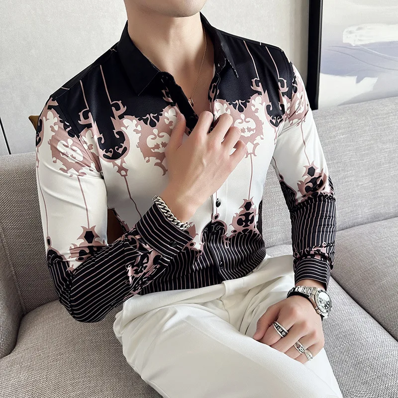 Men's Luxury Design Dress Shirt Long Sleeve Button Down Printed Shirt for Party Prom Wedding Shirt