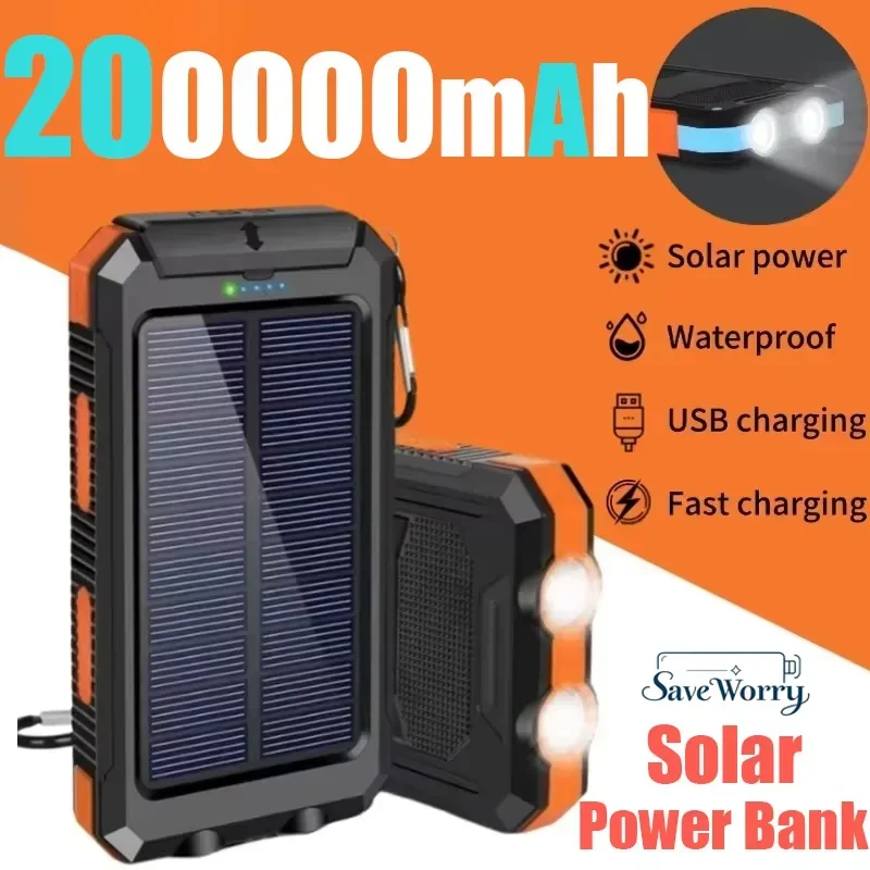 NEW 200000mAh Solar Power Bank Portable Charging Poverbank External Battery Charger Strong Light LDE Light for All Smartphones 4