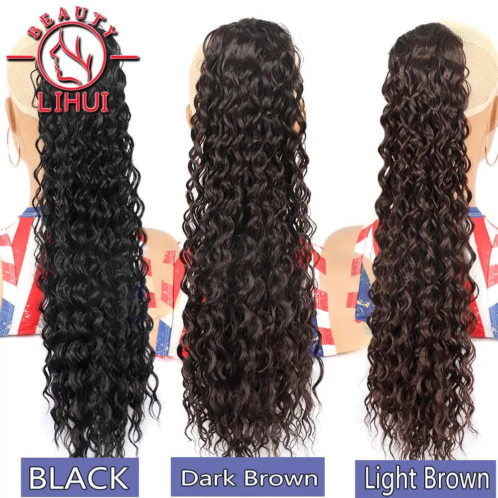 Curly Ponytail Extensions Clip in Synthetic Drawstring Ponytail Wig Long Water Wave Afro Pony Tail Women Hairpiece False 22INCH