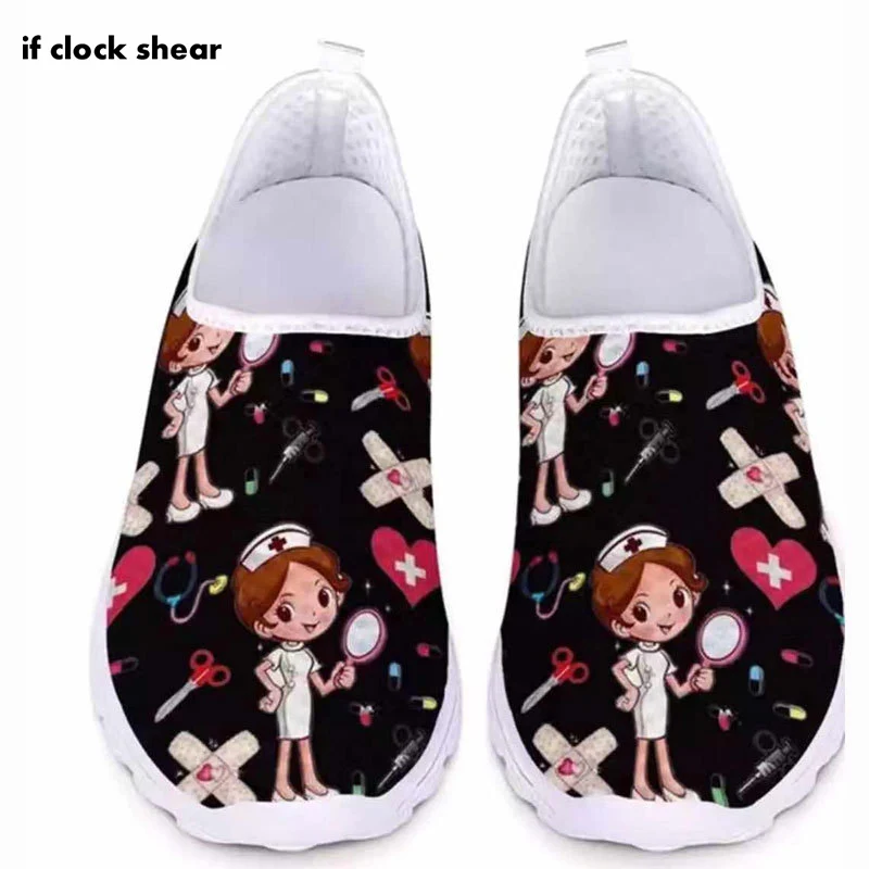 Nurse Women Summer Shoes Nursing Design Shoes Medical Printing Lazy Loafers Elastic One Pedal