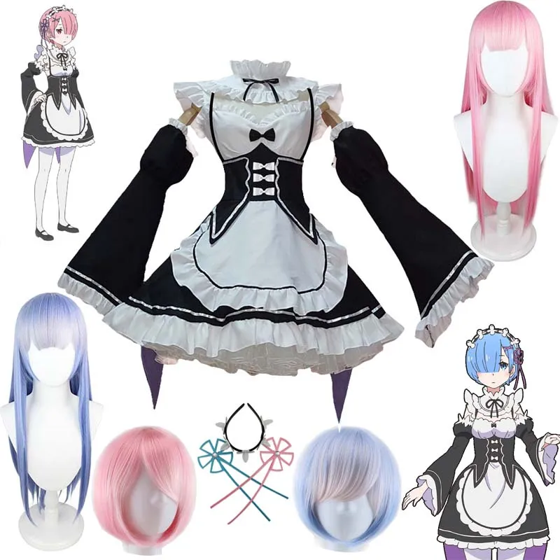 

Rem/Ram Cosplay Anime Life In A Different World From Zero Cosplay Costume Woman maid Clothes apron Lolita Wig Headwear Socks Set
