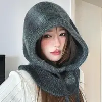 Korean Wool Knitted Balaclava Cap Women Striped Tie-dye Knit Hat Ear Neck Protect One-Piece Scarf Hat Women's Head Hood Bonnet