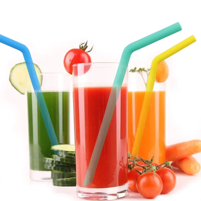 Reusable Silicone Drinking Straws Creative milk straws Sturdy Bent Straw Cleaning Brush Bar Party Accessory Solid Color