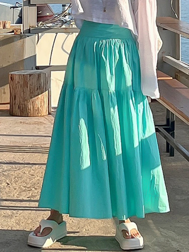

2023 New Korean Fashion Ruched High Waist A-Line Midi Skirts For Women Summer Elegant Ladies Casual Holiday Skirts Female
