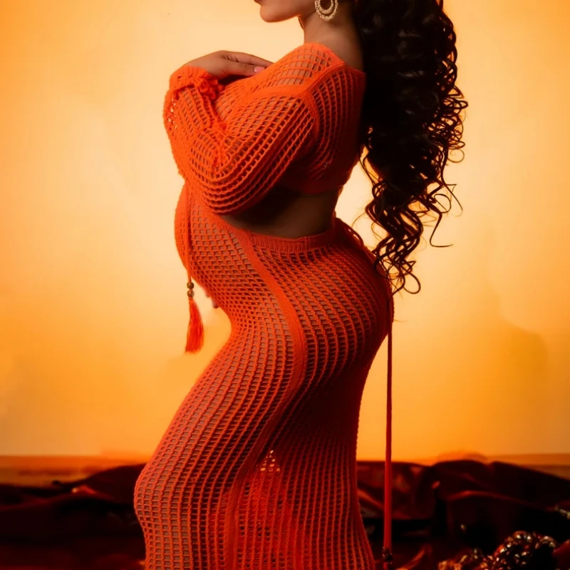Hollow Out Maternity Photography Dress Full Sleeve Photo Shoot Dress Sexy Pregnancy Long Dress Summer Bikini Cover Dress