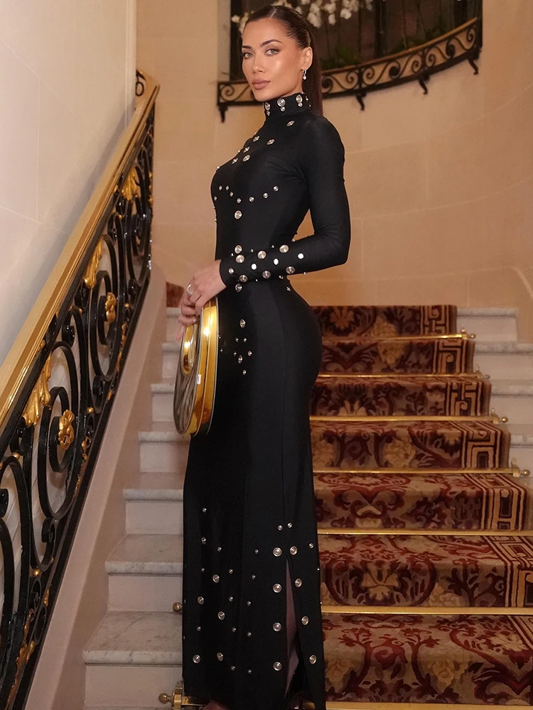 فستان طويل أنيق أبيض بأكمام طويلة ورقبة عالية من P...