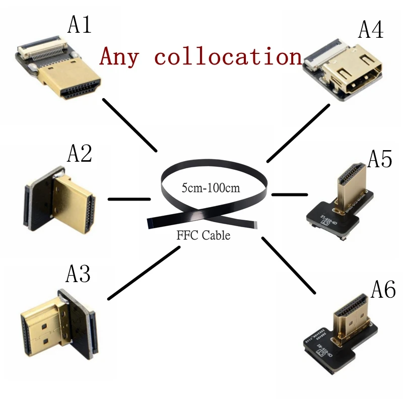 HDMI Cable Ribbon Flat FPV HDMI-Compatible Flexible Cable Raspberry Pi 4 Micro HD To HD/Mini-Compatible Female 90 Degree FFC 20p