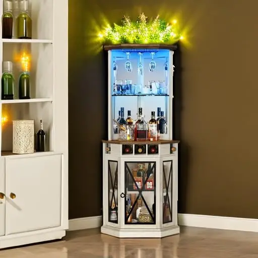 Corner Bar Cabinet with LED Lights 72" Tall Farmhouse Wine Bar Cabinet W/Visualization Glass Door & Adjustable Shelves