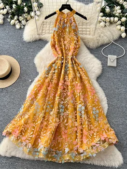 SINGREINY Floral Sequins Luxury Dress Summer Mesh Sleeveless Halter A-line Sashes Slim High Quality Women Shiny Party Gala Dress 1
