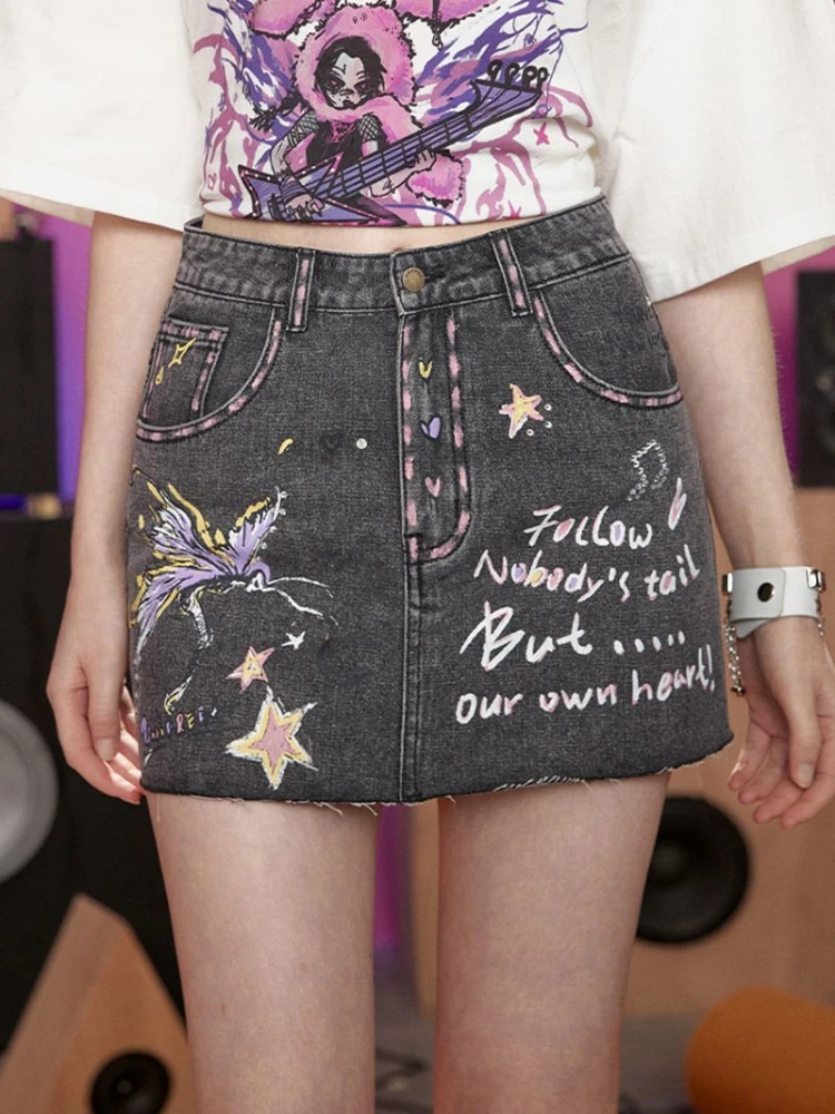 ADAgirl Black Jeans Skirts Women Y2k Vintage Loose Butterfly Print Do Old Kpop A-Line Denim Skirt Hip Hop Casual Summer Bottoms