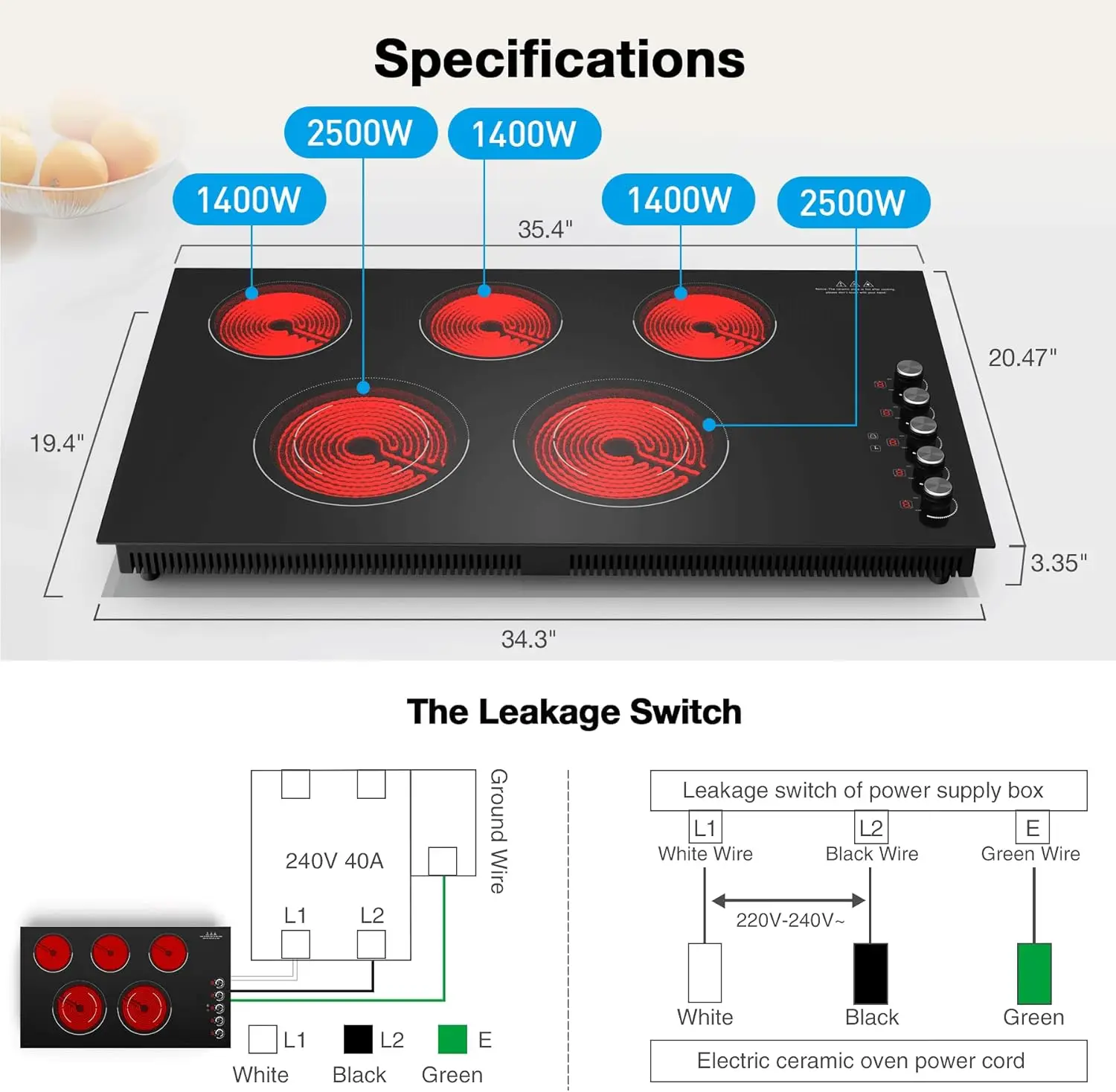 36 inch,36 inch Electric Cooktop,9200W Built-in & Countertop 36 inch Cooktop with 9 Power Levels, 6