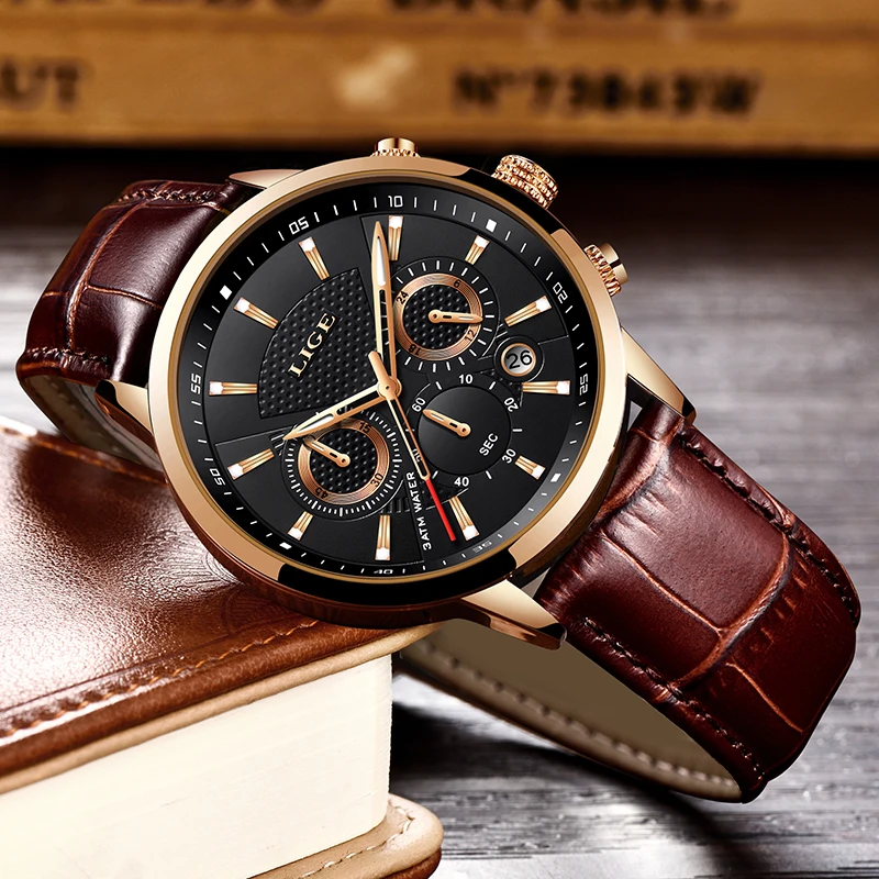LIGE Fashion Brown Leather Watch For Men Casual Business Sports Men Waterproof Watches Luminous Quartz Chronograph Clock Male