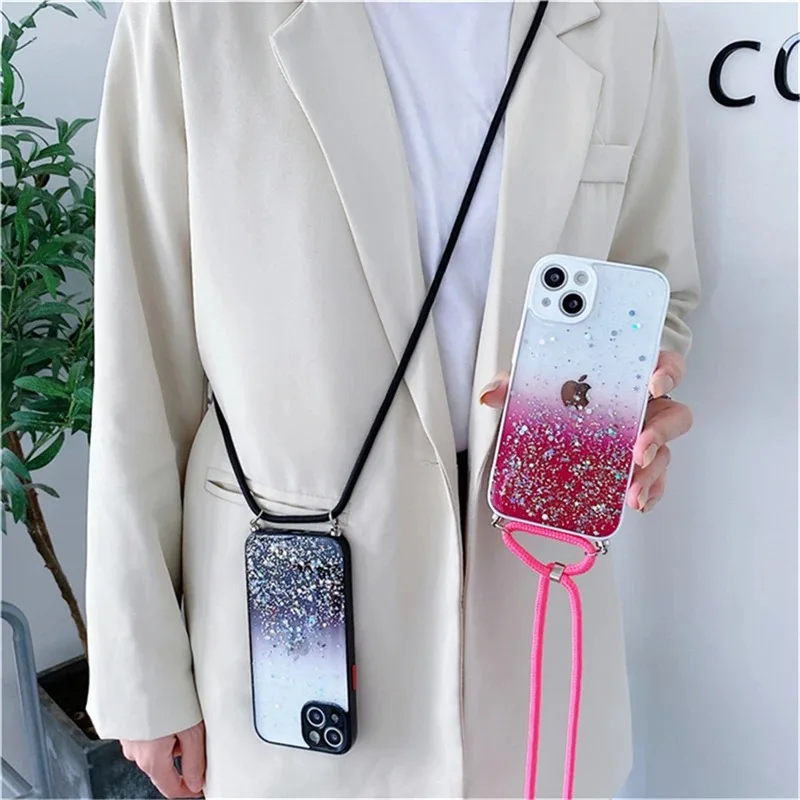 New Glitter Sequins Gradient Clear Necklace Strap Lanyard Phone Case For iPhone17 16 13 12 11 Pro Max14 15 Plus Soft Cover